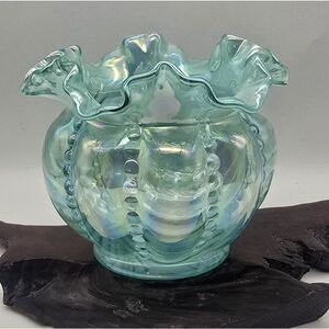 Fenton Opalescent Optic Sea Mist Green 5" Beaded Melon Vase Iridescent Ruffled